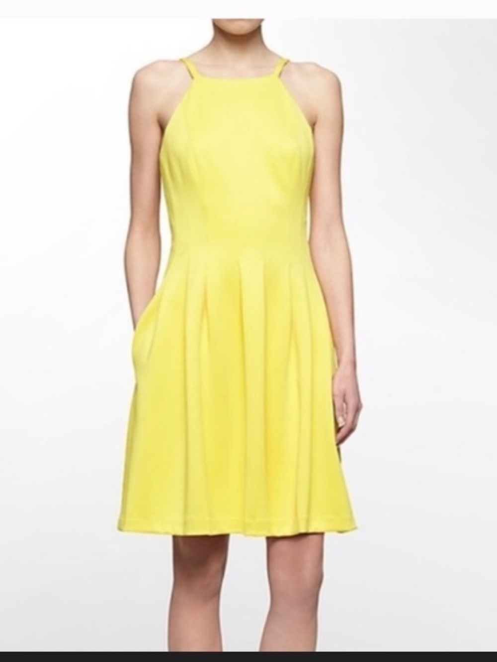 Calvin Klein Sunshine Butter Yellow Scuba Fit Flare Boho Pleated Halter Dress 10
